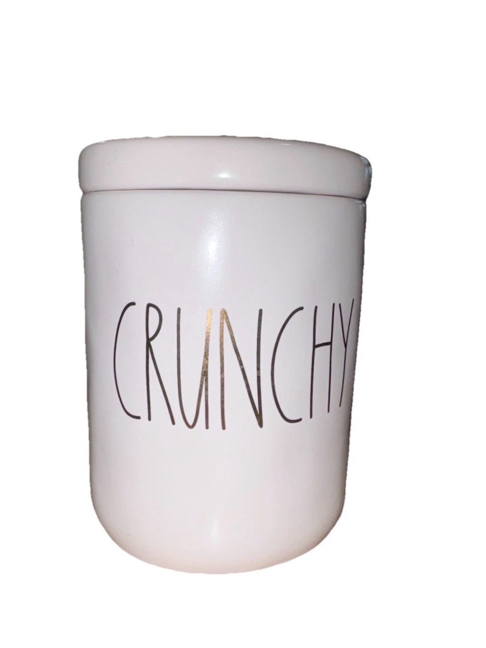 Rae Dunn ‘CRUNCHY' Ceramic Pantry Canister Loop Lid Gold Lettering - Cute!